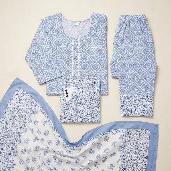 Blue_Cotton_Printed_Kurta_Trouser_Dupatta_Set_For_Women