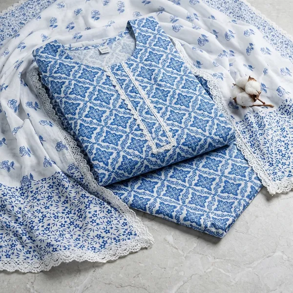 Blue_Cotton_Printed_Kurta_Trouser_Dupatta_Set_For_Women