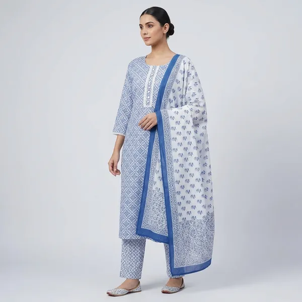Blue_Cotton_Printed_Kurta_Trouser_Dupatta_Set_For_Women