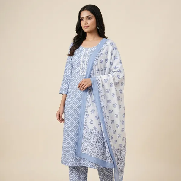 Blue_Cotton_Printed_Kurta_Trouser_Dupatta_Set_For_Women