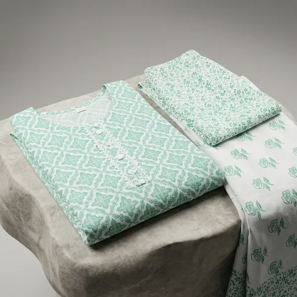 Green_Cotton_Printed_Straight_Kurta_Trouser_Dupatta_Set_For_Women