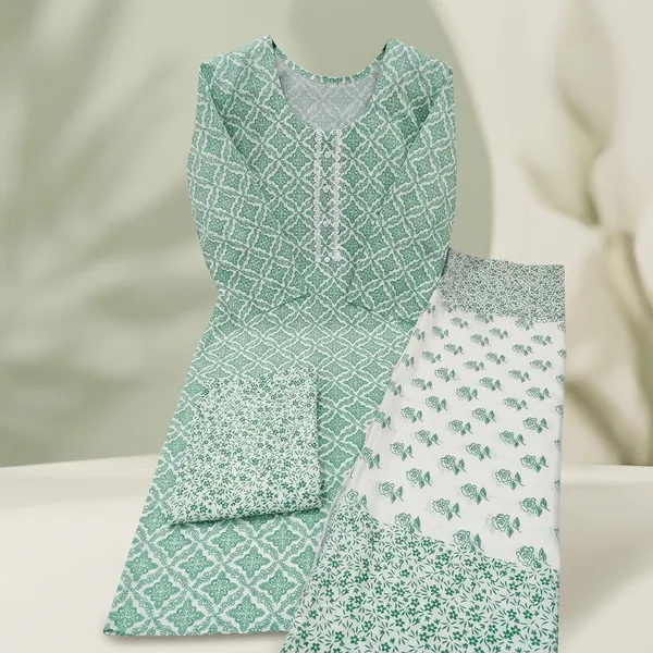 Green_Cotton_Printed_Straight_Kurta_Trouser_Dupatta_Set_For_Women