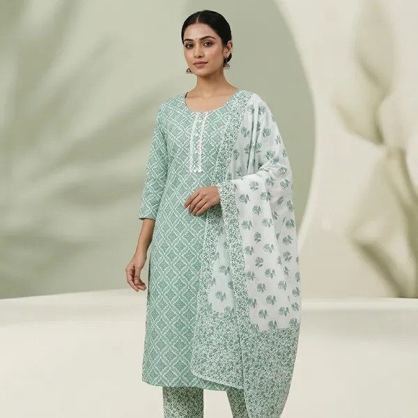 Green_Cotton_Printed_Straight_Kurta_Trouser_Dupatta_Set_For_Women