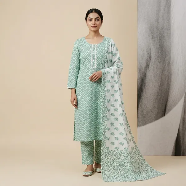 Green_Cotton_Printed_Straight_Kurta_Trouser_Dupatta_Set_For_Women