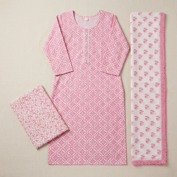Pink_Cotton_Floral_Printed_Straight_Kurta_Trouser_Dupatta_Set_For_Women