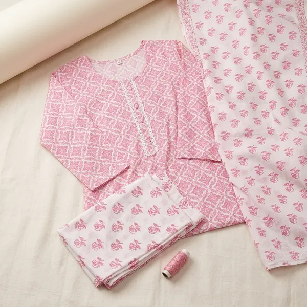 Pink_Cotton_Floral_Printed_Straight_Kurta_Trouser_Dupatta_Set_For_Women