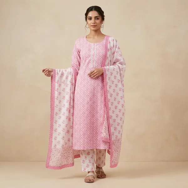 Pink_Cotton_Floral_Printed_Straight_Kurta_Trouser_Dupatta_Set_For_Women