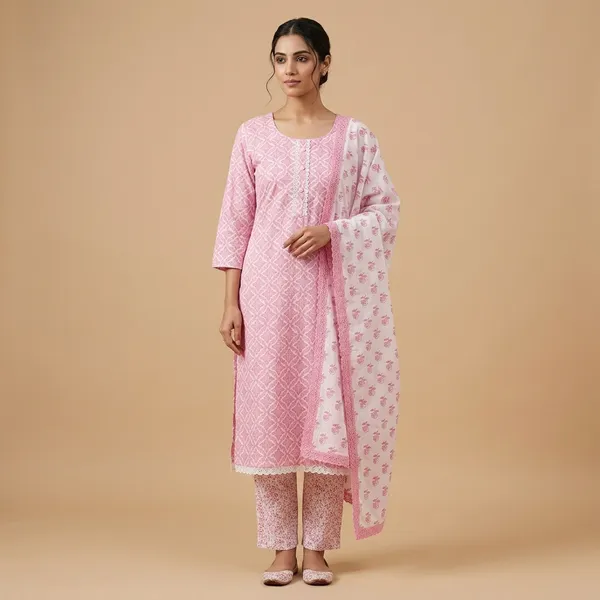 Pink_Cotton_Floral_Printed_Straight_Kurta_Trouser_Dupatta_Set_For_Women