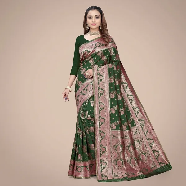 Green_Silk_And_Polyester_Saree_With_Blouse_Piece_For_Women