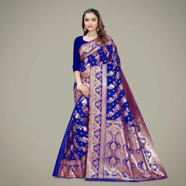 Blue_Silk_And_Polyester_Saree_With_Blouse_Piece_For_Women