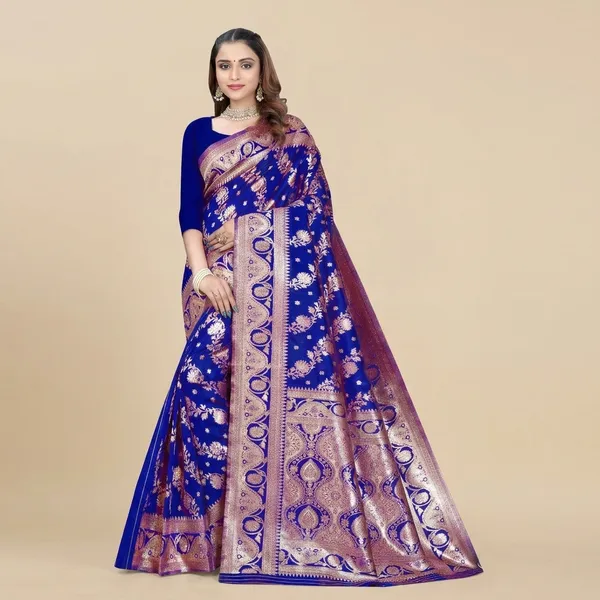 Blue_Silk_And_Polyester_Saree_With_Blouse_Piece_For_Women