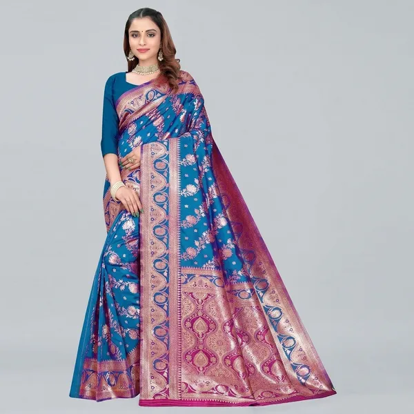 Blue_Silk_And_Polyester_Saree_With_Blouse_Piece_For_Women