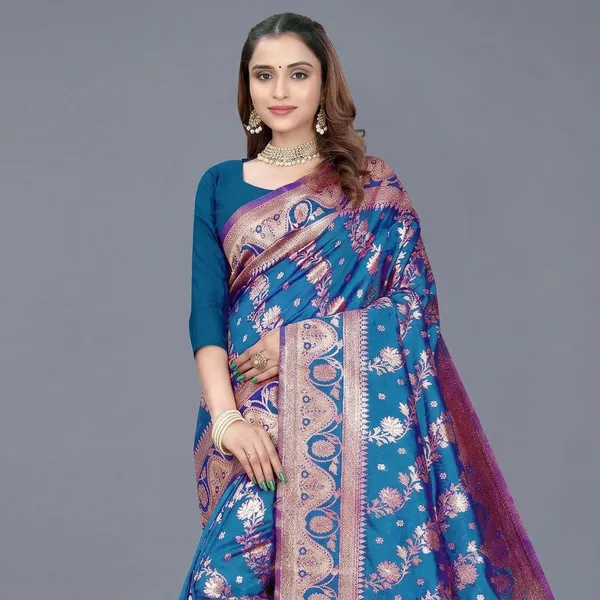 Blue_Silk_And_Polyester_Saree_With_Blouse_Piece_For_Women