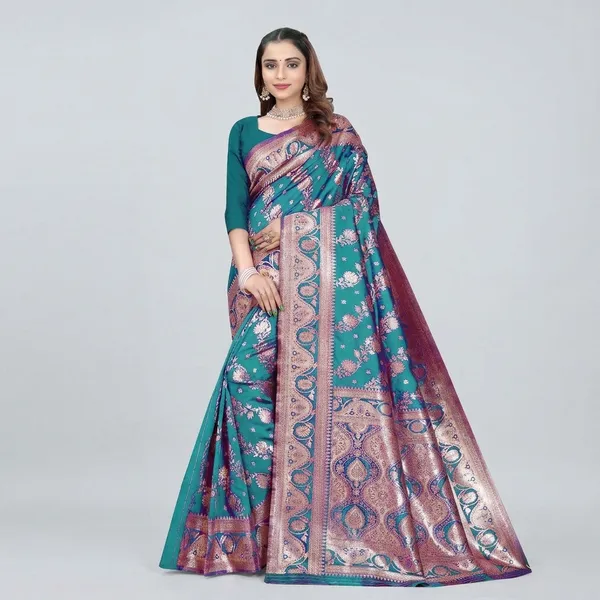Teal_Blue_Silk_And_Polyester_Saree_With_Blouse_Piece_For_Women