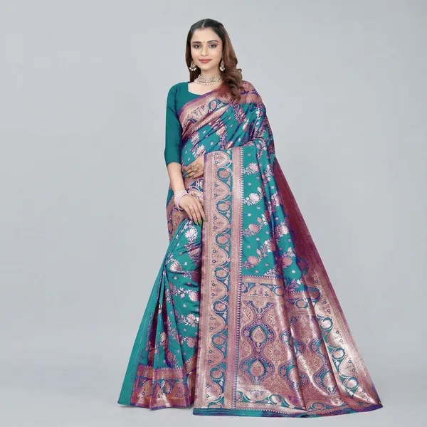 Teal_Blue_Silk_And_Polyester_Saree_With_Blouse_Piece_For_Women