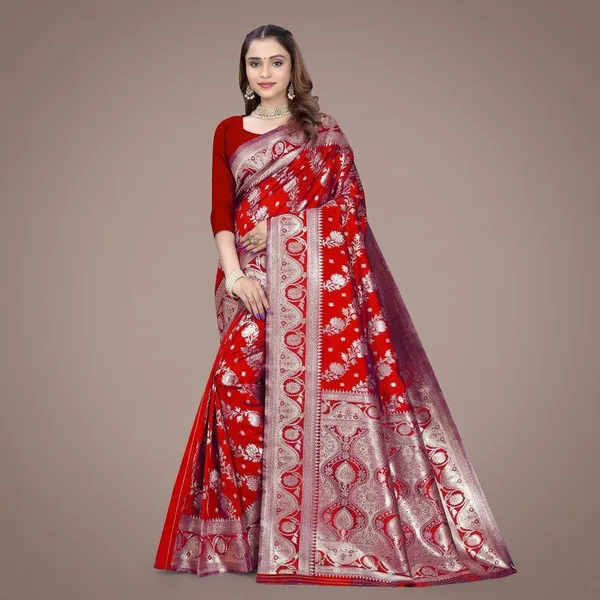 Red_Silk_And_Polyester_Saree_With_Blouse_Piece_For_Women