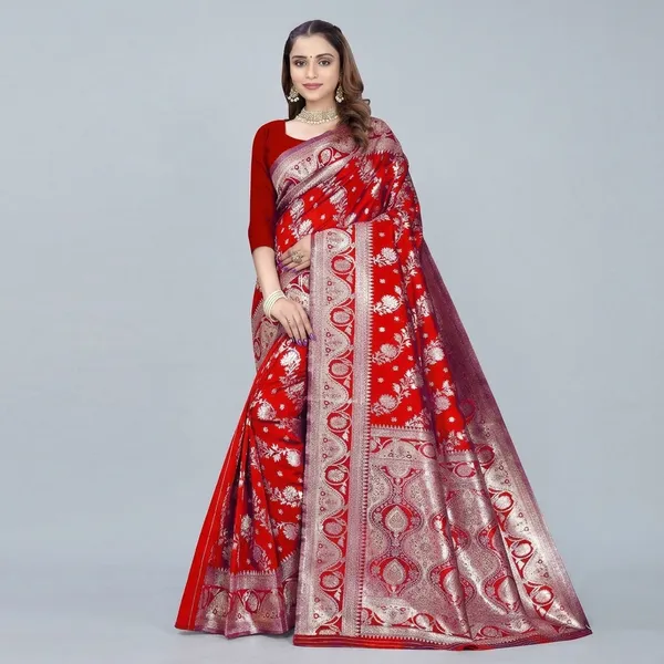 Red_Silk_And_Polyester_Saree_With_Blouse_Piece_For_Women
