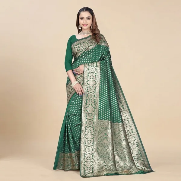 Green_Silk_And_Polyester_Saree_With_Blouse_Piece_For_Women