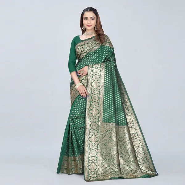Green_Silk_And_Polyester_Saree_With_Blouse_Piece_For_Women