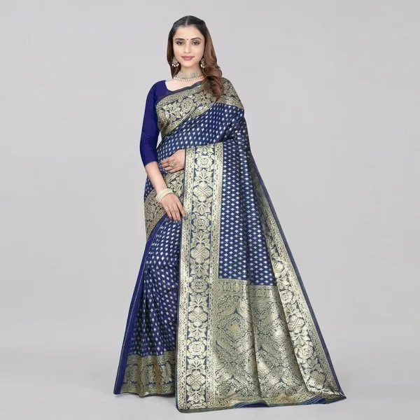 Navy_Blue_Silk_And_Polyester_Saree_With_Blouse_Piece_For_Women