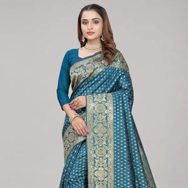 Blue_Silk_And_Polyester_Saree_With_Blouse_Piece_For_Women