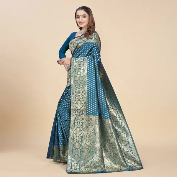 Blue_Silk_And_Polyester_Saree_With_Blouse_Piece_For_Women