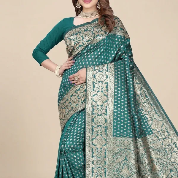 Teal_Silk_And_Polyester_Saree_With_Blouse_Piece_For_Women