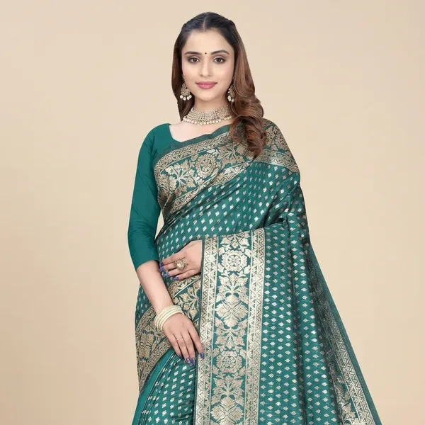 Teal_Silk_And_Polyester_Saree_With_Blouse_Piece_For_Women