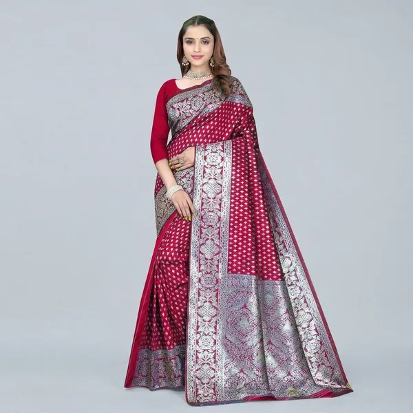 Red_Silk_And_Polyester_Saree_With_Blouse_Piece_For_Women