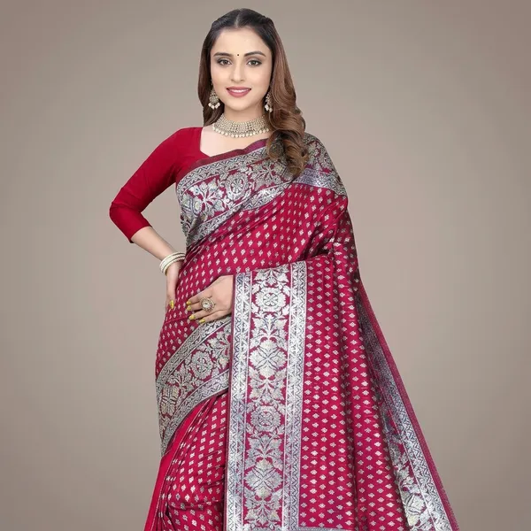 Red_Silk_And_Polyester_Saree_With_Blouse_Piece_For_Women