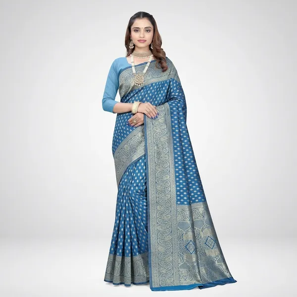 Blue_Silk_And_Polyester_Saree_With_Blouse_Piece_For_Women