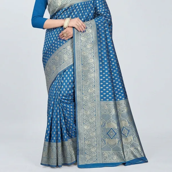 Blue_Silk_And_Polyester_Saree_With_Blouse_Piece_For_Women