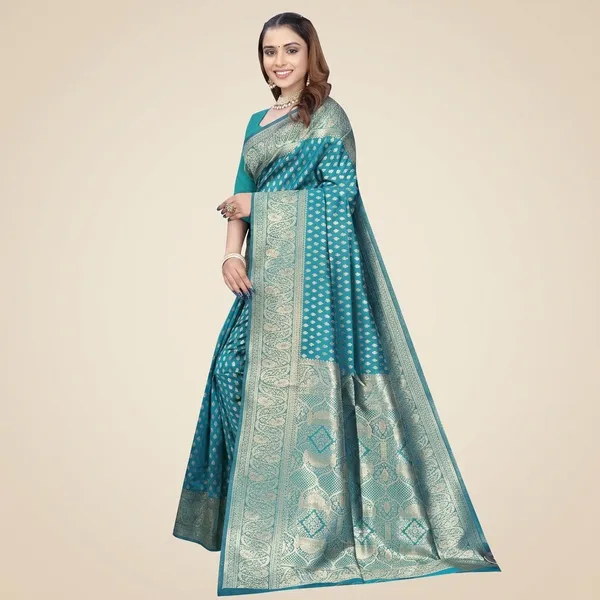 Teal_Blue_Silk_And_Polyester_Saree_With_Blouse_Piece_For_Women