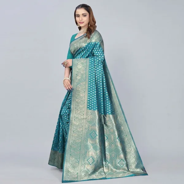 Teal_Blue_Silk_And_Polyester_Saree_With_Blouse_Piece_For_Women