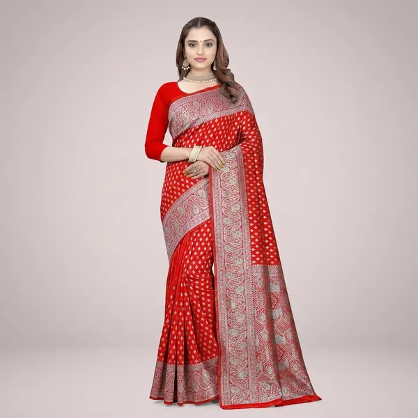 Red_Silk_And_Polyester_Saree_With_Blouse_Piece_For_Women