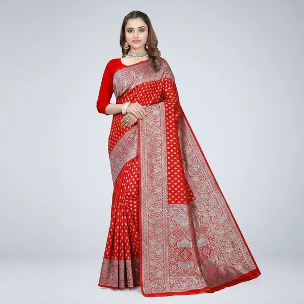 Red_Silk_And_Polyester_Saree_With_Blouse_Piece_For_Women