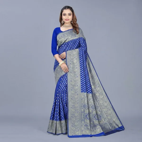 Royal_Blue_Silk_And_Polyester_Saree_With_Blouse_Piece_For_Women