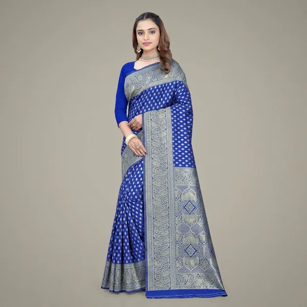 Royal_Blue_Silk_And_Polyester_Saree_With_Blouse_Piece_For_Women