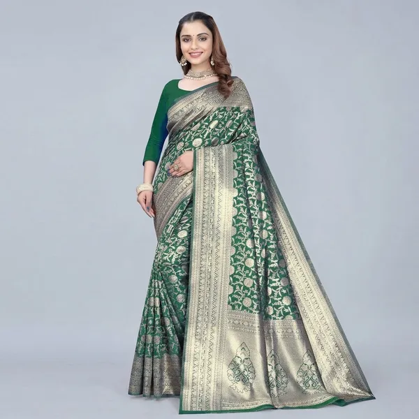 Green_Silk_And_Polyester_Saree_With_Blouse_Piece_For_Women