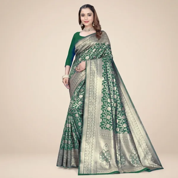 Green_Silk_And_Polyester_Saree_With_Blouse_Piece_For_Women