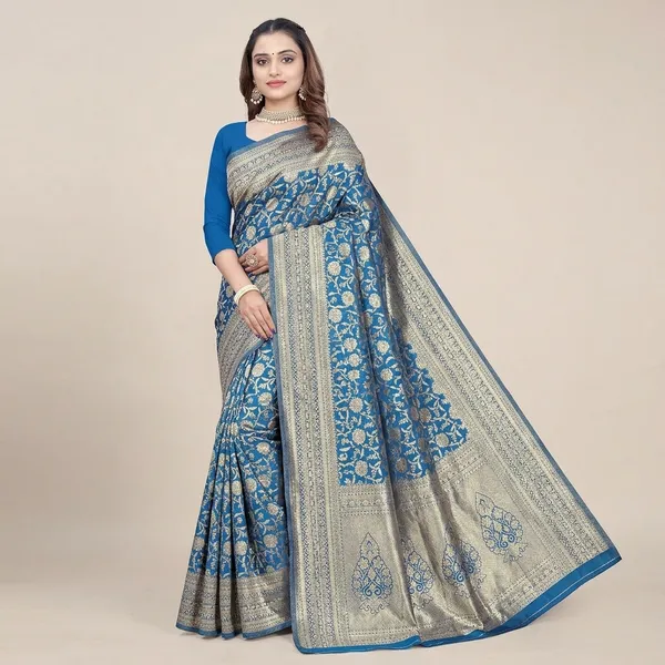 Blue_Silk_And_Polyester_Saree_With_Blouse_Piece_For_Women