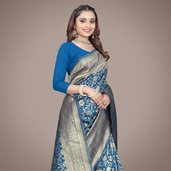 Blue_Silk_And_Polyester_Saree_With_Blouse_Piece_For_Women