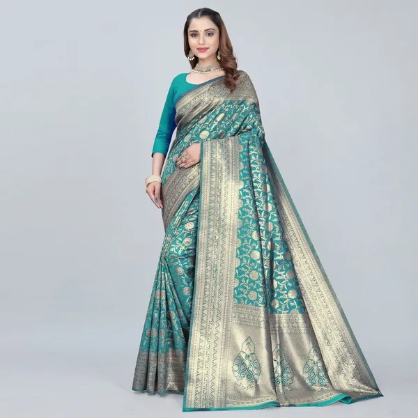 Teal_Blue_Silk_And_Polyester_Saree_With_Blouse_Piece_For_Women