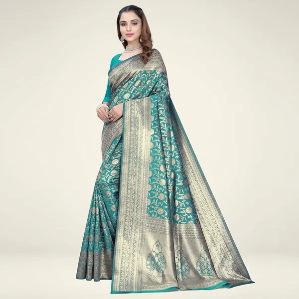 Teal_Blue_Silk_And_Polyester_Saree_With_Blouse_Piece_For_Women