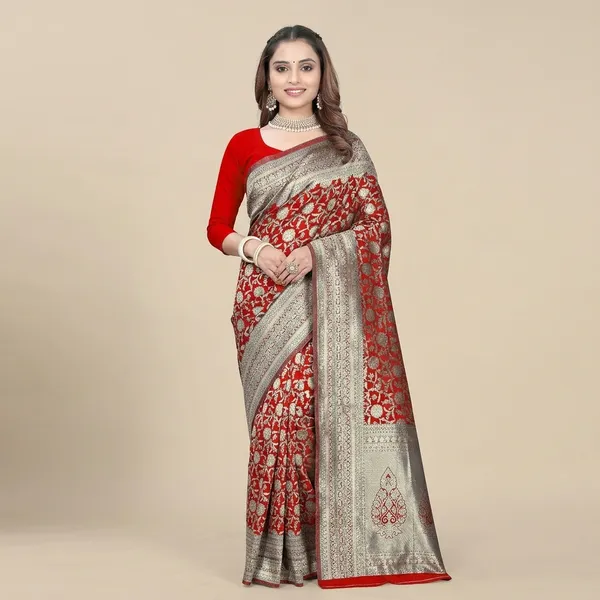 Red_Silk_And_Polyester_Saree_With_Blouse_Piece_For_Women