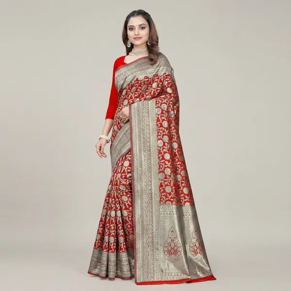 Red_Silk_And_Polyester_Saree_With_Blouse_Piece_For_Women