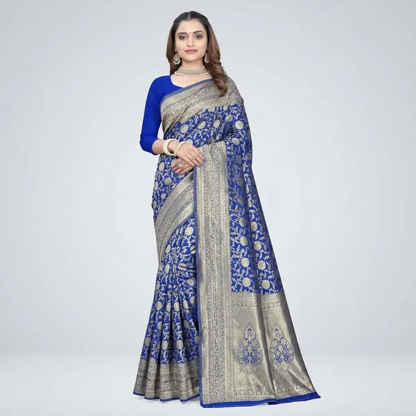 Blue_Silk_And_Polyester_Saree_With_Blouse_Piece_For_Women