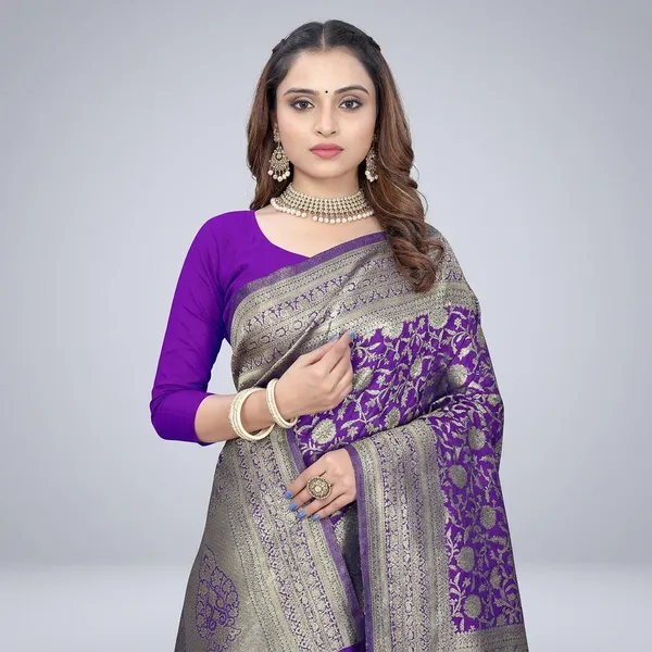 Purple_Silk_And_Polyester_Saree_With_Blouse_Piece_For_Women