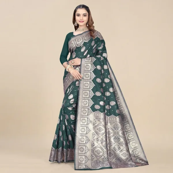 Green_Silk_And_Polyester_Saree_With_Blouse_Piece_For_Women