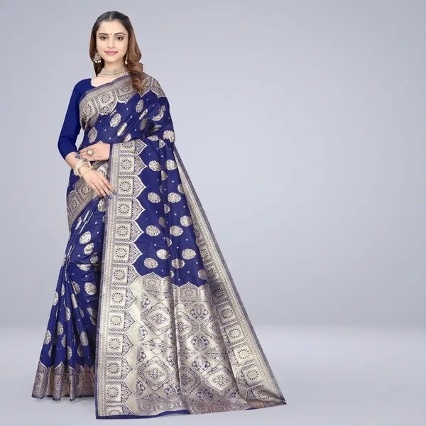 Blue_Silk_And_Polyester_Saree_With_Blouse_Piece_For_Women